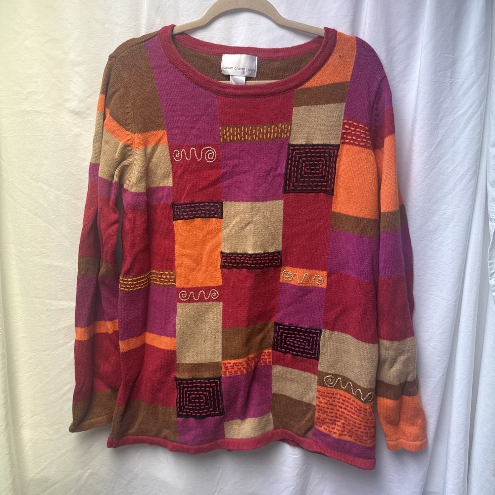 Vintage Susan Graver Style Y2K Patchwork Sweater Size Large